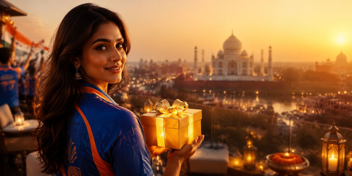Taj Mahal under soft lighting with cricket and festive betting theme